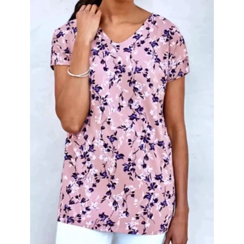 J. Jill Wearever Pleated Back Blouse Dusty Rose Ditzy Floral Short Sleeve XS Pet